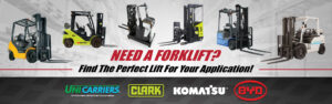 Forklifts Available at Mid Atlantic include UniCarriers, Komatsu, Clark and BYD forklifts.